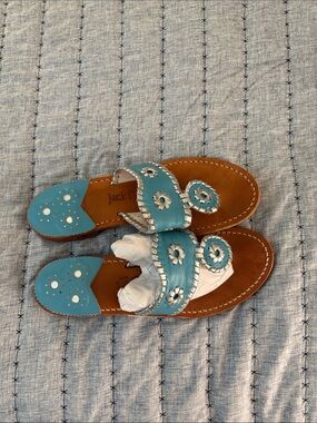 Jack Rogers Girls' Turquoise Leather Whipstitch Slide Sandals